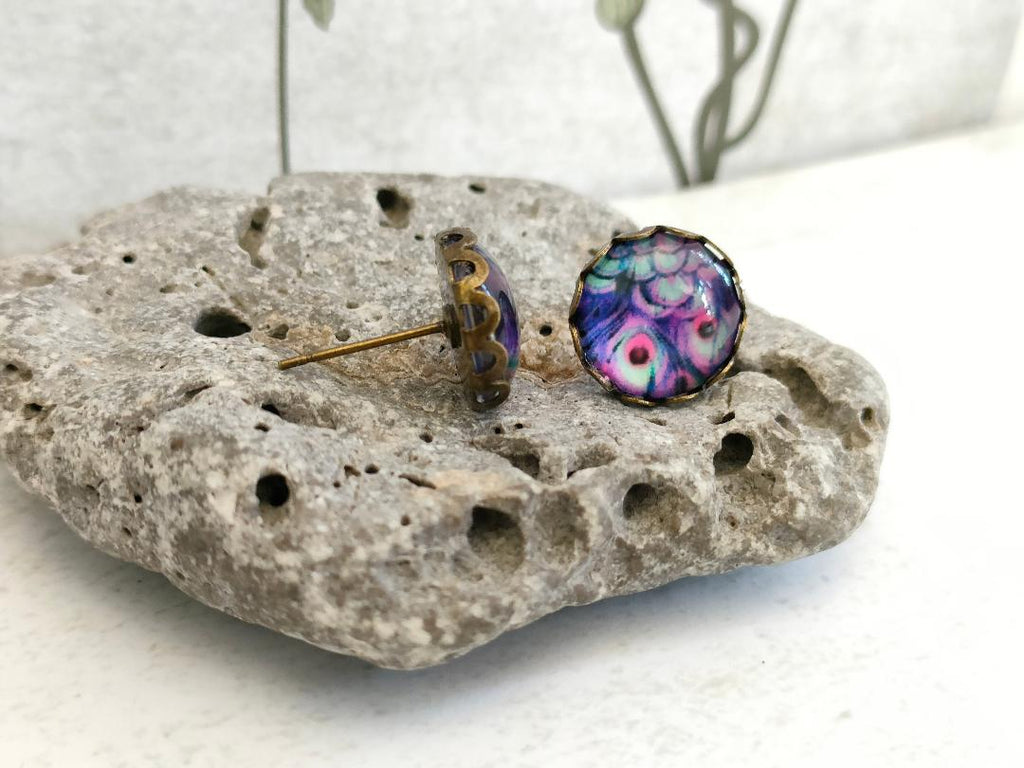 Antique Bronze Peacock Stud Earrings with 12mm Purple Glass Dome for Women, Elegant Purple Glass Dome Peacock Stud Earrings, Bird Lover Gift