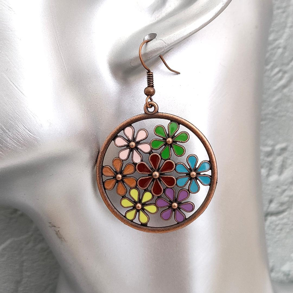 Oversized Antique Bronze Flower Earrings, Hippy Earrings, Summer Festival Jewellery for her.
