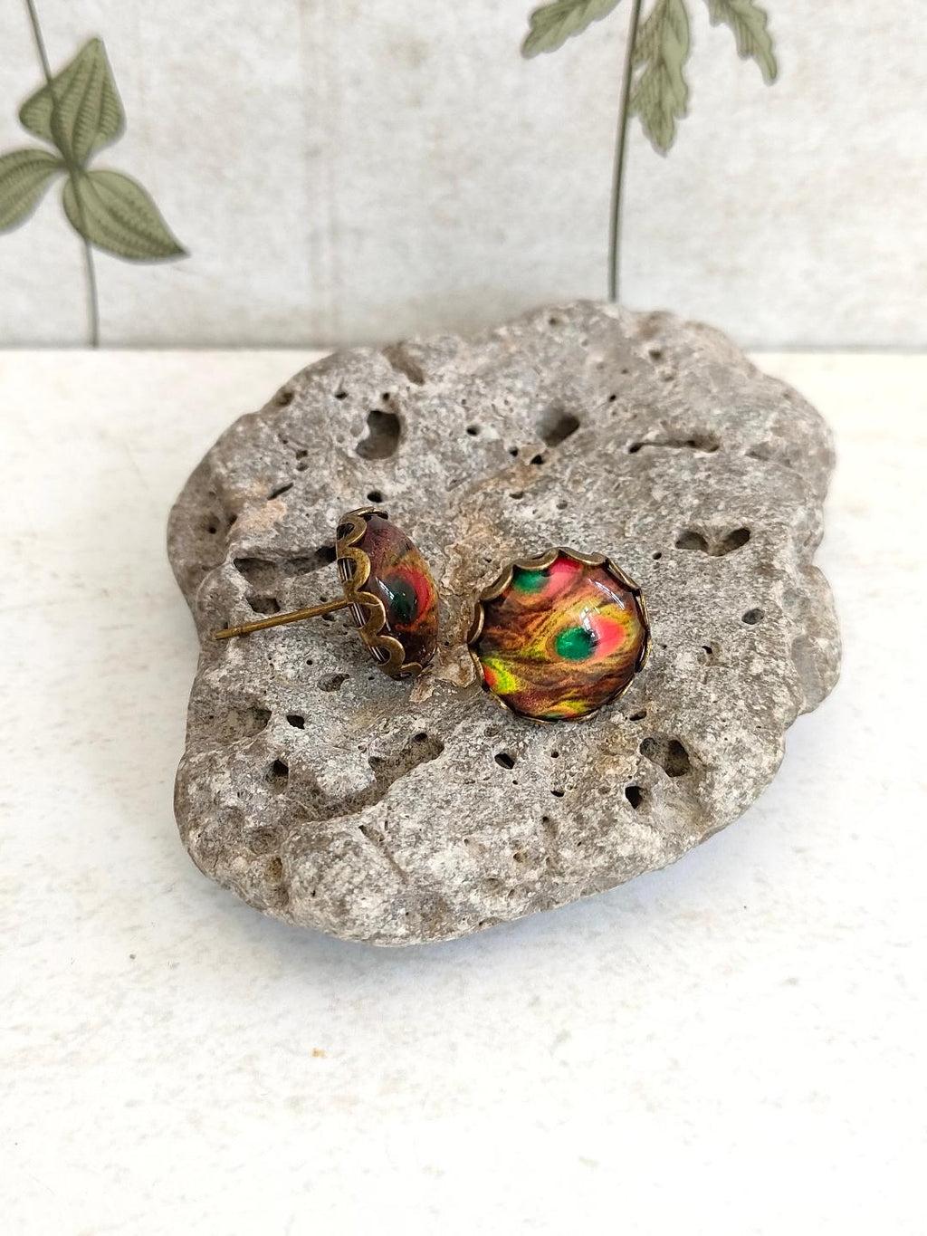 Antique Bronze Peacock Stud Earrings with 12mm Orange Glass Dome for Women, Elegant Purple Glass Dome Peacock Stud Earrings, Bird Lover Gift