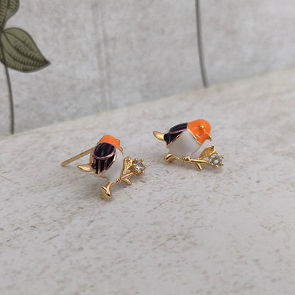 Cute Bird Studs with Cubic Zirconia Stud Earring Findings, Enamel and 925 Sterling Silver Pins