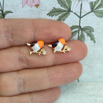 Cute Bird Studs with Cubic Zirconia Stud Earring Findings, Enamel and 925 Sterling Silver Pins