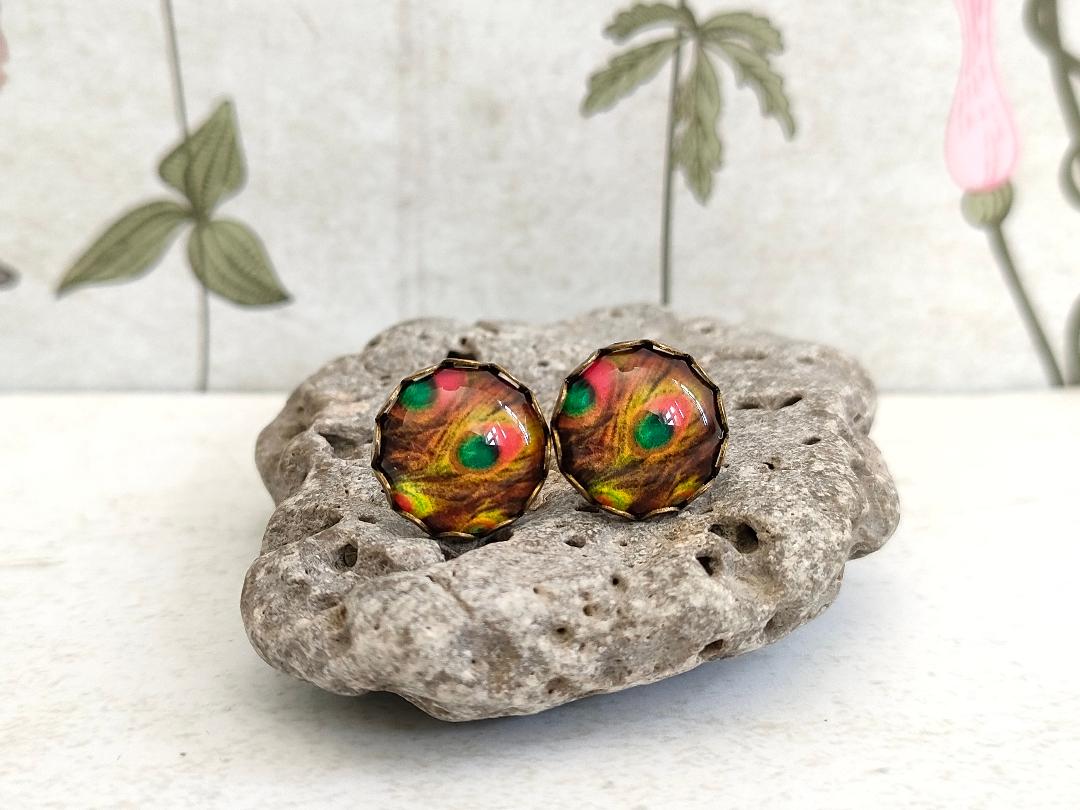 Antique Bronze Peacock Stud Earrings with 12mm Orange Glass Dome for Women, Elegant Purple Glass Dome Peacock Stud Earrings, Bird Lover Gift