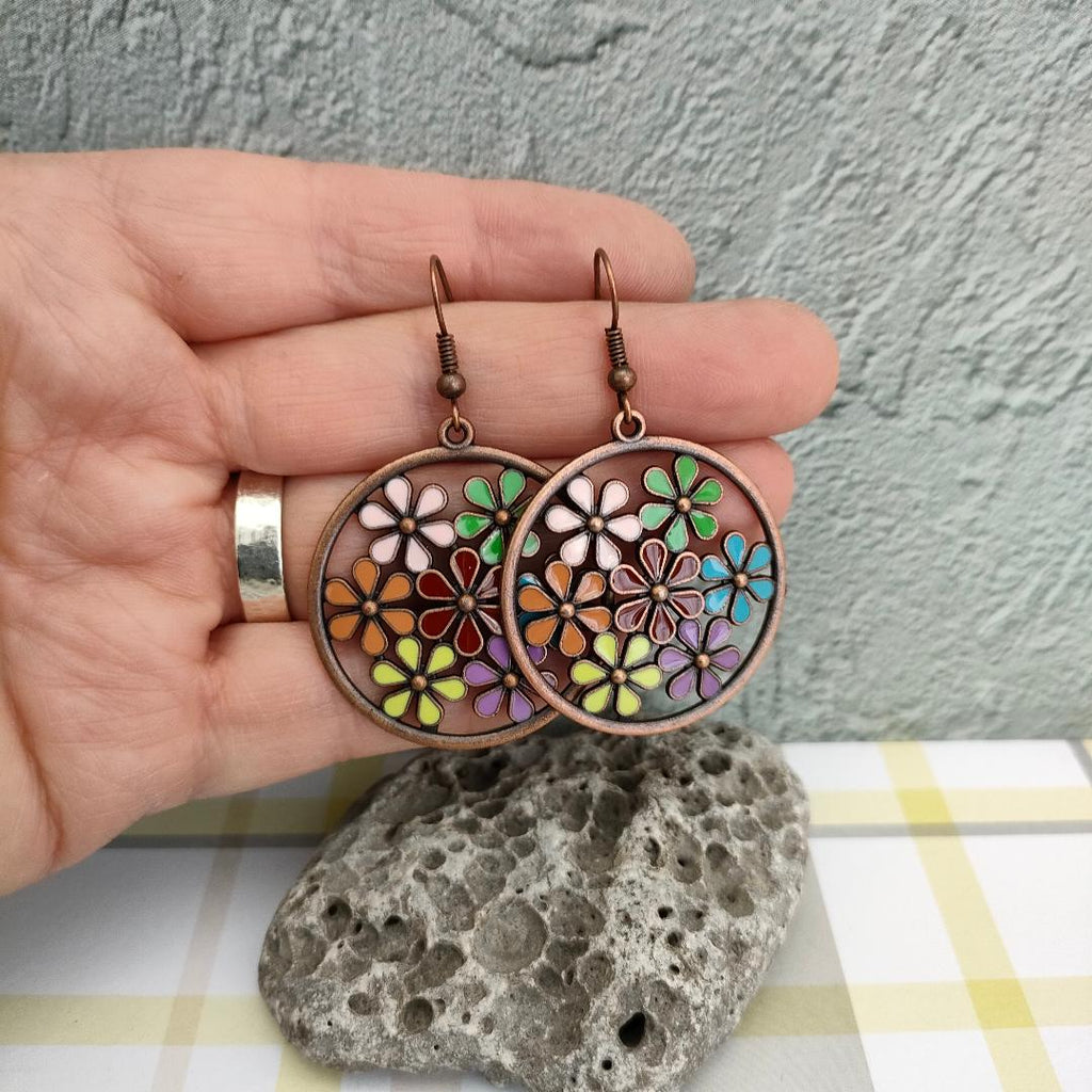 Oversized Antique Bronze Flower Earrings, Hippy Earrings, Summer Festival Jewellery for her.