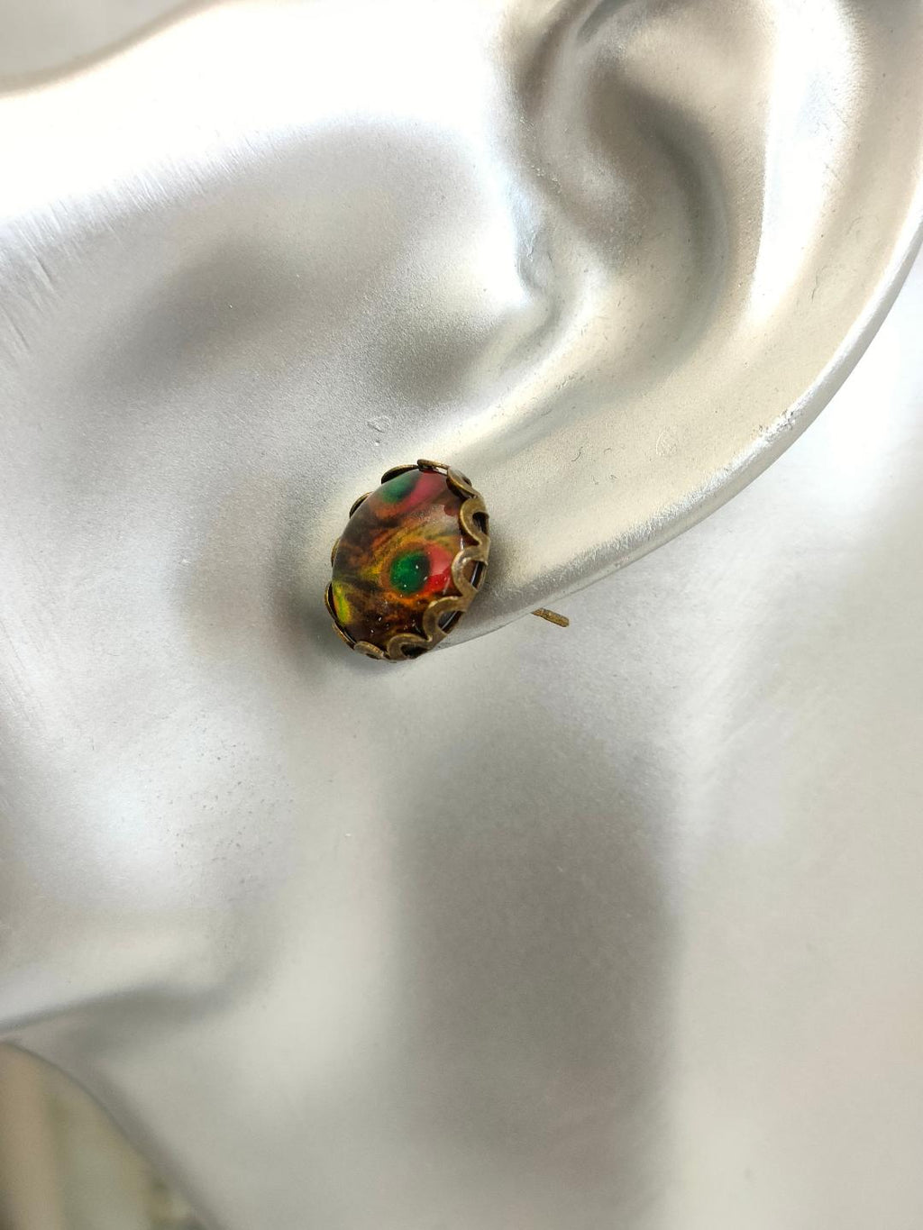 Antique Bronze Peacock Stud Earrings with 12mm Orange Glass Dome for Women, Elegant Purple Glass Dome Peacock Stud Earrings, Bird Lover Gift