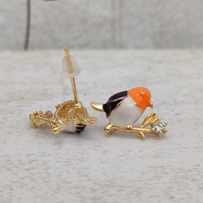 Cute Bird Studs with Cubic Zirconia Stud Earring Findings, Enamel and 925 Sterling Silver Pins