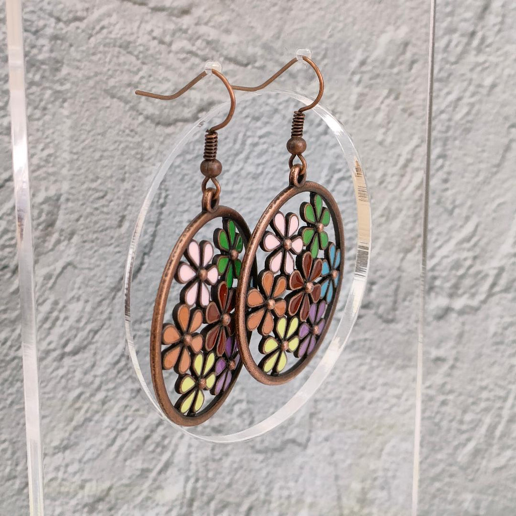Oversized Antique Bronze Flower Earrings, Hippy Earrings, Summer Festival Jewellery for her.