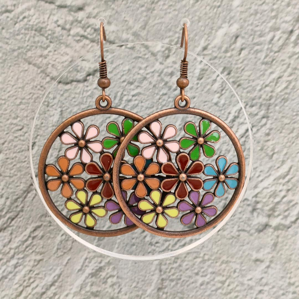 Oversized Antique Bronze Flower Earrings, Hippy Earrings, Summer Festival Jewellery for her.