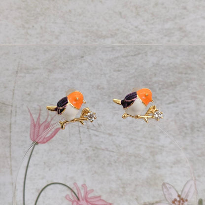 Cute Bird Studs with Cubic Zirconia Stud Earring Findings, Enamel and 925 Sterling Silver Pins