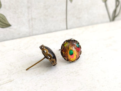 Antique Bronze Peacock Stud Earrings with 12mm Orange Glass Dome for Women, Elegant Purple Glass Dome Peacock Stud Earrings, Bird Lover Gift