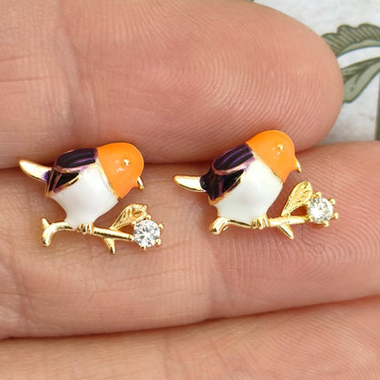 Cute Bird Studs with Cubic Zirconia Stud Earring Findings, Enamel and 925 Sterling Silver Pins