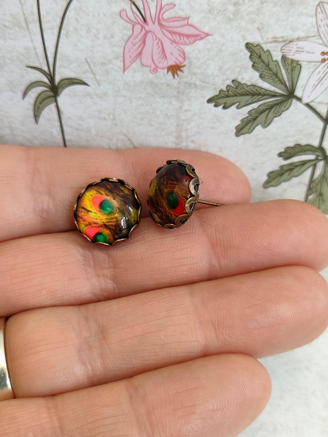 Antique Bronze Peacock Stud Earrings with 12mm Orange Glass Dome for Women, Elegant Purple Glass Dome Peacock Stud Earrings, Bird Lover Gift