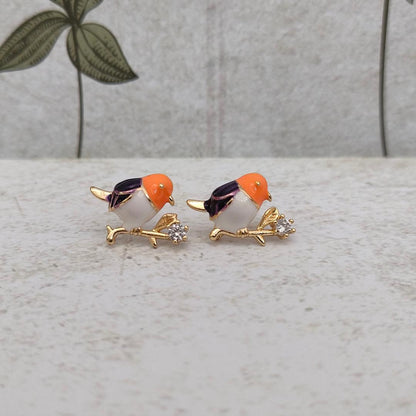 Cute Bird Studs with Cubic Zirconia Stud Earring Findings, Enamel and 925 Sterling Silver Pins