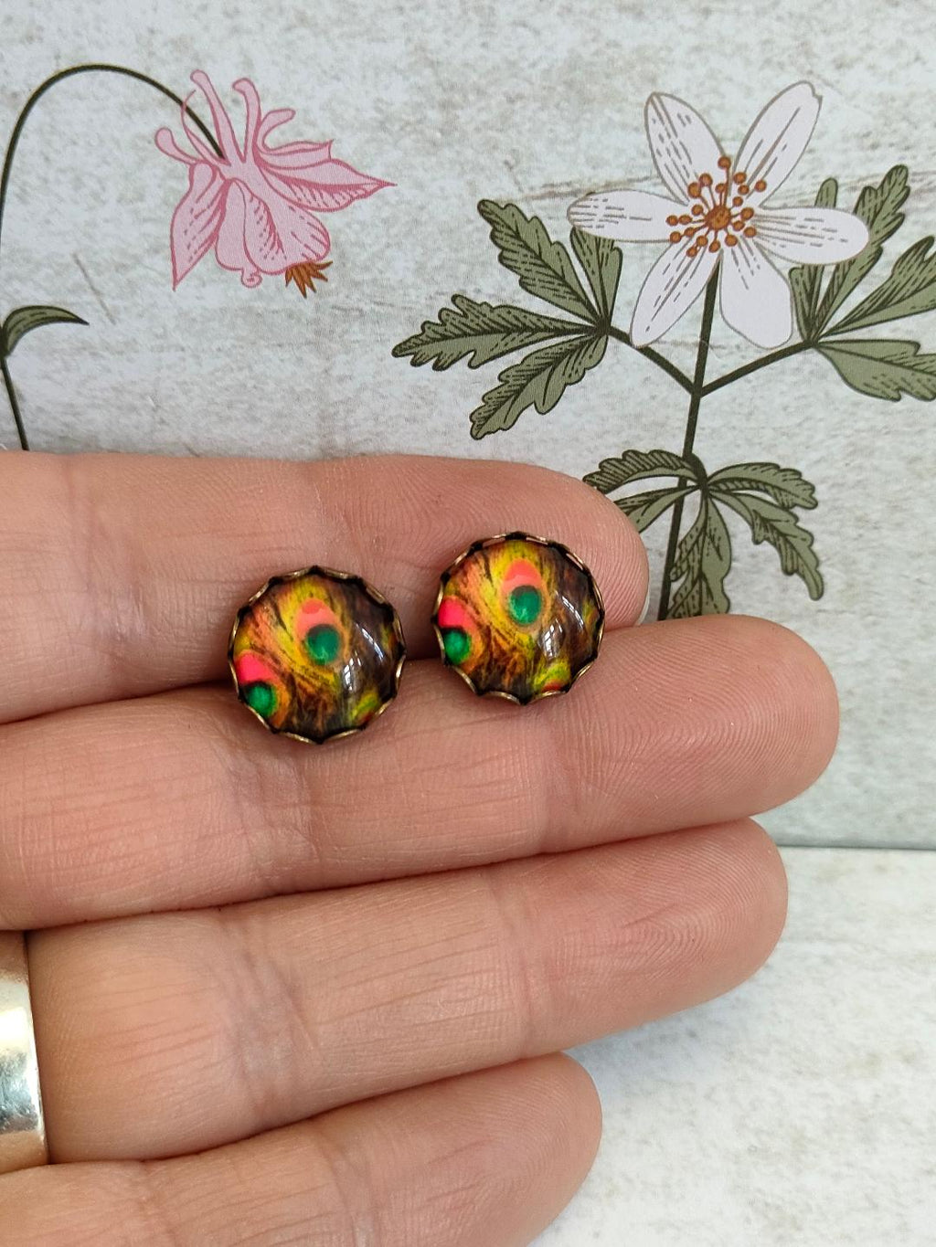 Antique Bronze Peacock Stud Earrings with 12mm Orange Glass Dome for Women, Elegant Purple Glass Dome Peacock Stud Earrings, Bird Lover Gift