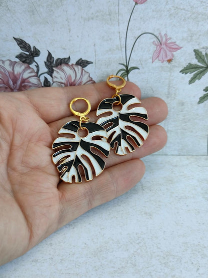 Black and White Enamel Leaf Huggie Hoop Earrings, Oversized Hoops, Hippy Earrings, Fun Leaf Earrings