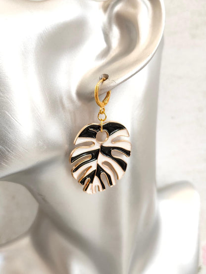 Black and White Enamel Leaf Huggie Hoop Earrings, Oversized Hoops, Hippy Earrings, Fun Leaf Earrings