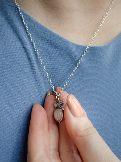 Fidget Necklaces, Rose Quartz Beed Fidget Jewellery with Stainless Steel Hearts, Worry Jewellery.
