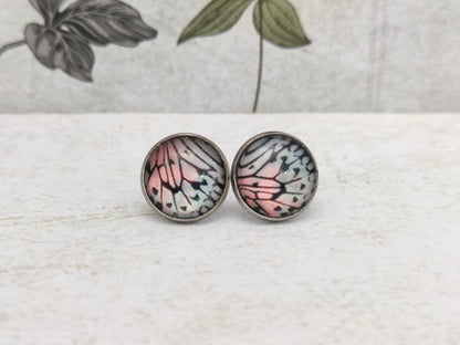 12mm Butterfly Wing Print Studs, Insect Earrings for Her, Pink, Blue and Black Butterfly Earrings, Gift for Mum, Hypoallergenic Studs.