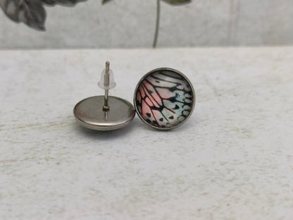 12mm Butterfly Wing Print Studs, Insect Earrings for Her, Pink, Blue and Black Butterfly Earrings, Gift for Mum, Hypoallergenic Studs.