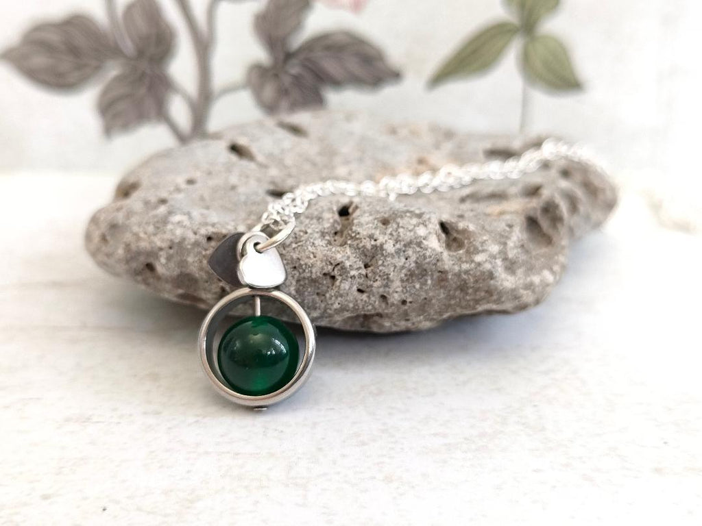 Fidget Necklaces, Emerald Beed Fidget Jewellery with Stainless Steel Hearts, Worry Jewellery.