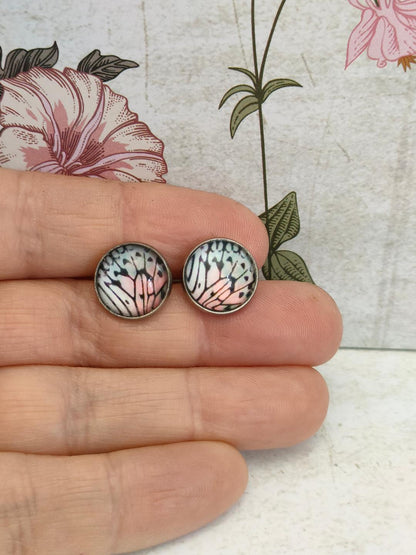 12mm Butterfly Wing Print Studs, Insect Earrings for Her, Pink, Blue and Black Butterfly Earrings, Gift for Mum, Hypoallergenic Studs.