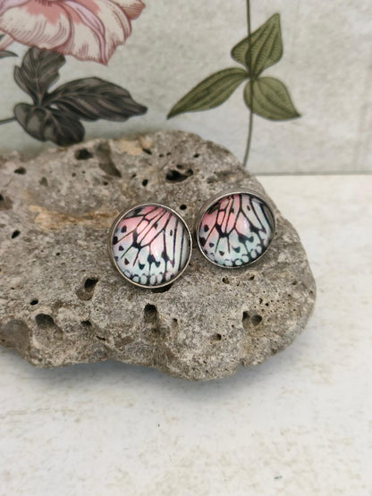 12mm Butterfly Wing Print Studs, Insect Earrings for Her, Pink, Blue and Black Butterfly Earrings, Gift for Mum, Hypoallergenic Studs.