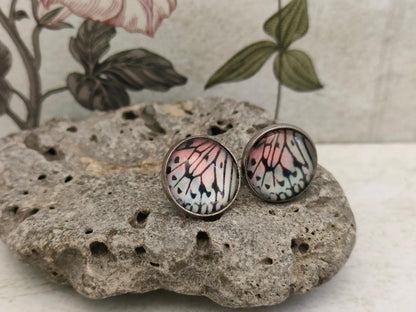 12mm Butterfly Wing Print Studs, Insect Earrings for Her, Pink, Blue and Black Butterfly Earrings, Gift for Mum, Hypoallergenic Studs.