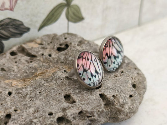 12mm Butterfly Wing Print Studs, Insect Earrings for Her, Pink, Blue and Black Butterfly Earrings, Gift for Mum, Hypoallergenic Studs.