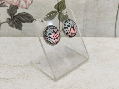 12mm Butterfly Wing Print Studs, Insect Earrings for Her, Pink, Blue and Black Butterfly Earrings, Gift for Mum, Hypoallergenic Studs.