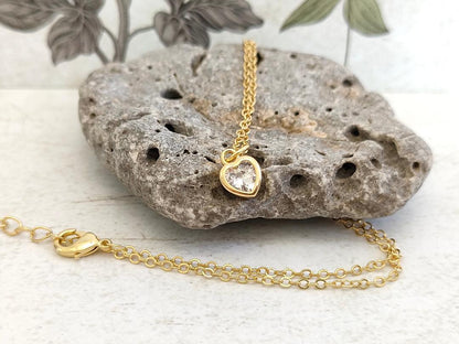 Heart shaped Cubic Zirconia Necklace, Tiny Gold CZ Pendant, Dainty Gold Chain, Gift for Mum