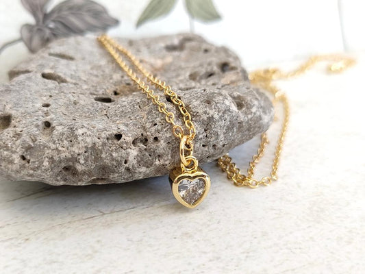 Heart shaped Cubic Zirconia Necklace, Tiny Gold CZ Pendant, Dainty Gold Chain, Gift for Mum