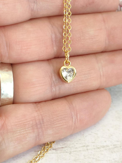 Heart shaped Cubic Zirconia Necklace, Tiny Gold CZ Pendant, Dainty Gold Chain, Gift for Mum