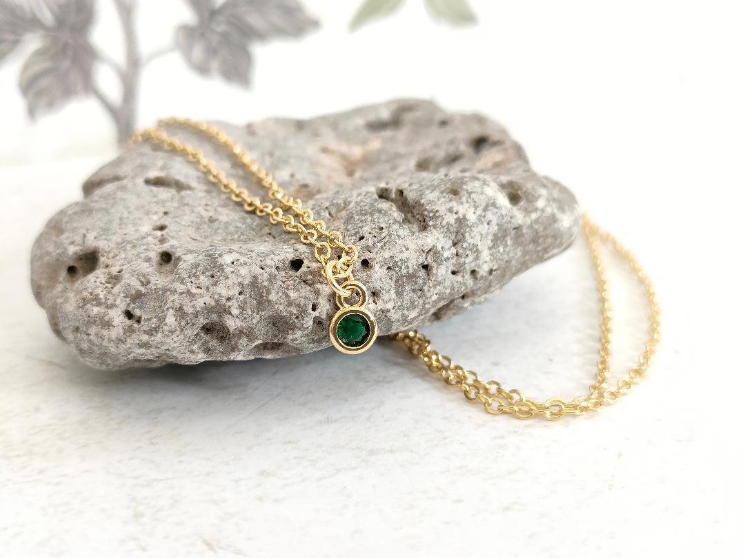 Emerald Green CZ Necklace, Tiny Round CZ Pendant Necklace, Dainty Gold Chain Layered Necklace, Green Gemstone Necklace,
