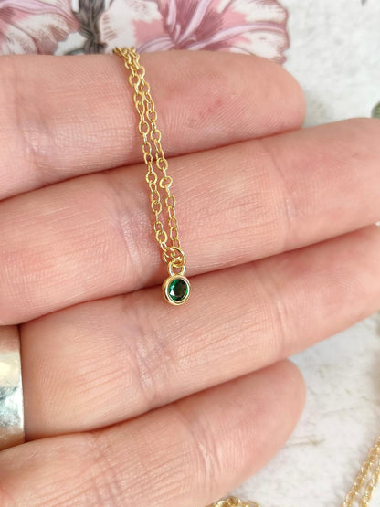 Emerald Green CZ Necklace, Tiny Round CZ Pendant Necklace, Dainty Gold Chain Layered Necklace, Green Gemstone Necklace,