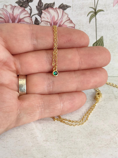 Emerald Green CZ Necklace, Tiny Round CZ Pendant Necklace, Dainty Gold Chain Layered Necklace, Green Gemstone Necklace,
