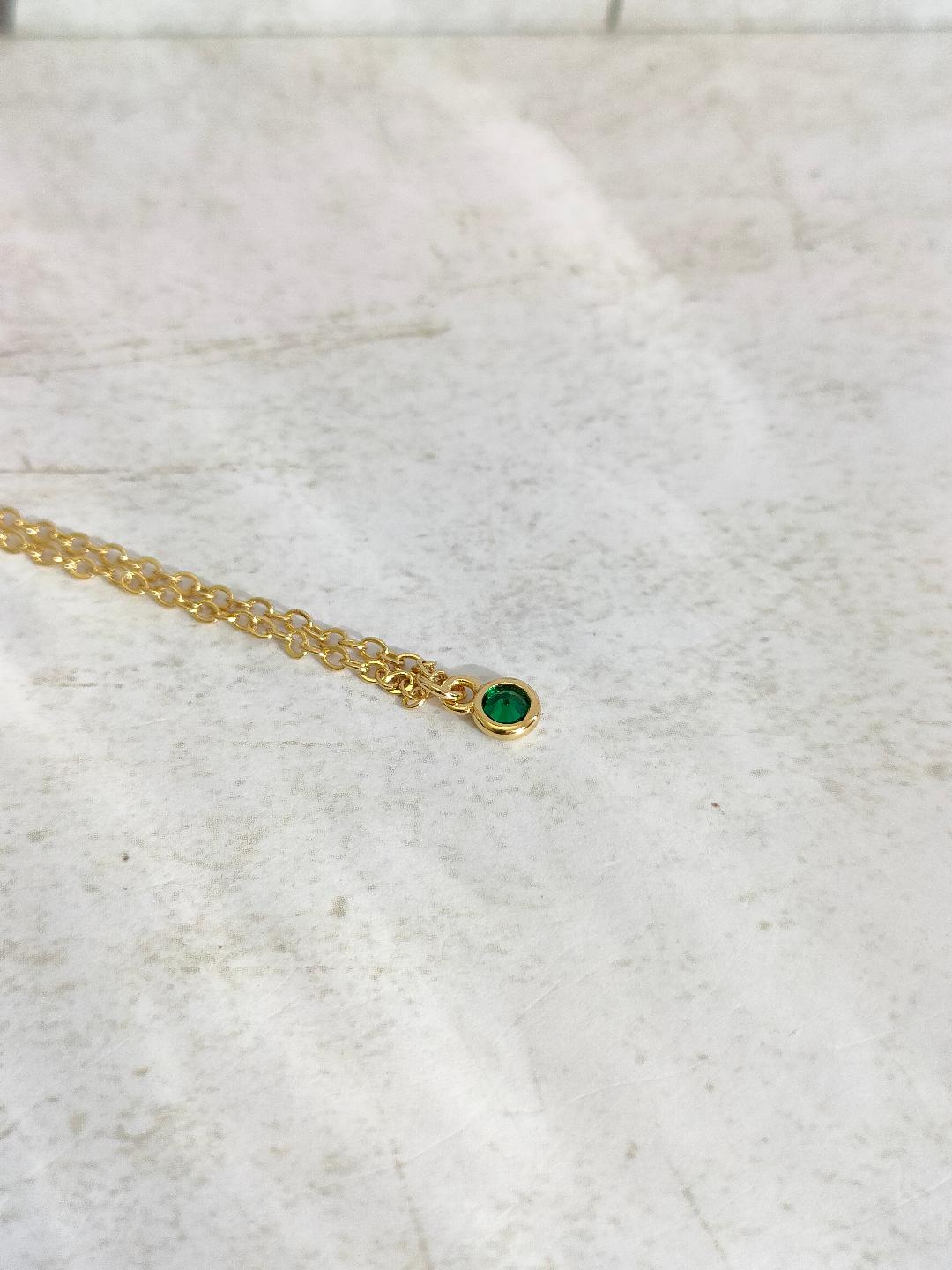 Emerald Green CZ Necklace, Tiny Round CZ Pendant Necklace, Dainty Gold Chain Layered Necklace, Green Gemstone Necklace,