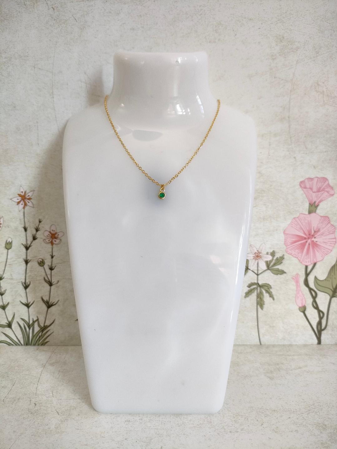 Emerald Green CZ Necklace, Tiny Round CZ Pendant Necklace, Dainty Gold Chain Layered Necklace, Green Gemstone Necklace,