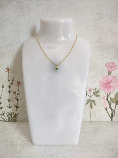 Emerald Green CZ Necklace, Tiny Round CZ Pendant Necklace, Dainty Gold Chain Layered Necklace, Green Gemstone Necklace,