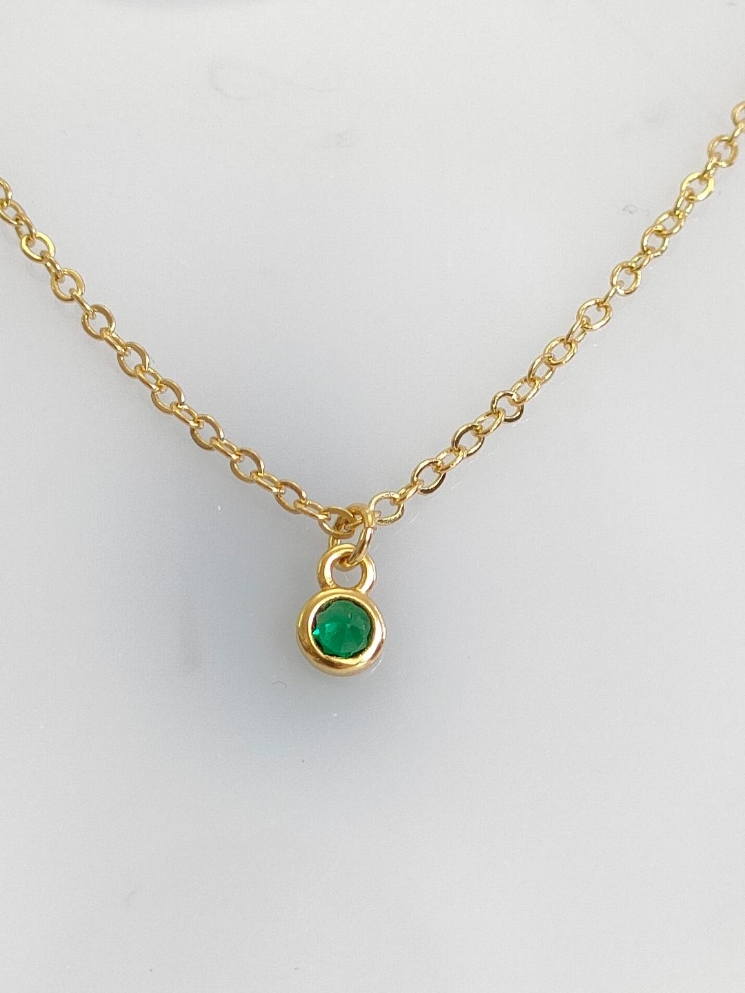 Emerald Green CZ Necklace, Tiny Round CZ Pendant Necklace, Dainty Gold Chain Layered Necklace, Green Gemstone Necklace,