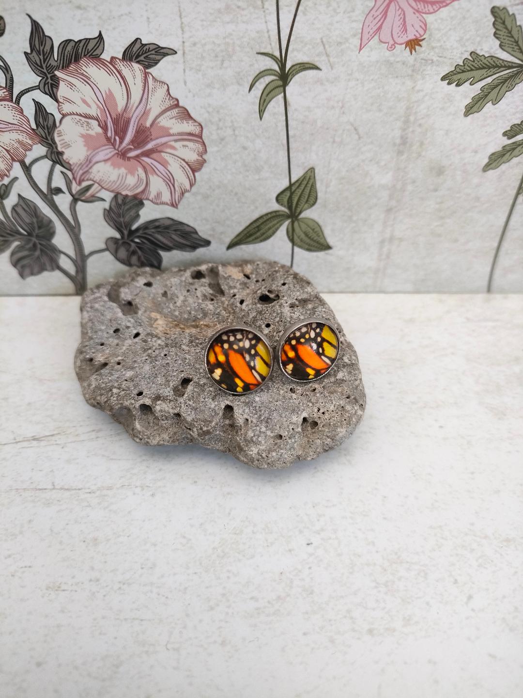12mm Butterfly Wing Print Studs, Insect Earrings for Her, Orange and Black Butterfly Earrings, Gift for Mum, Hypoallergenic Studs.