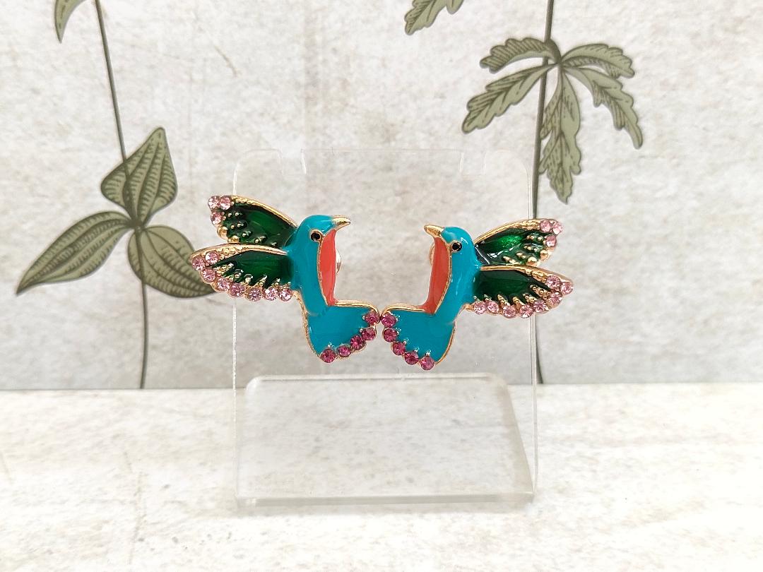 Enamel Humming Bird Earrings, Bird lover jewellery, Cute Bird with Rhinestone Studs for her