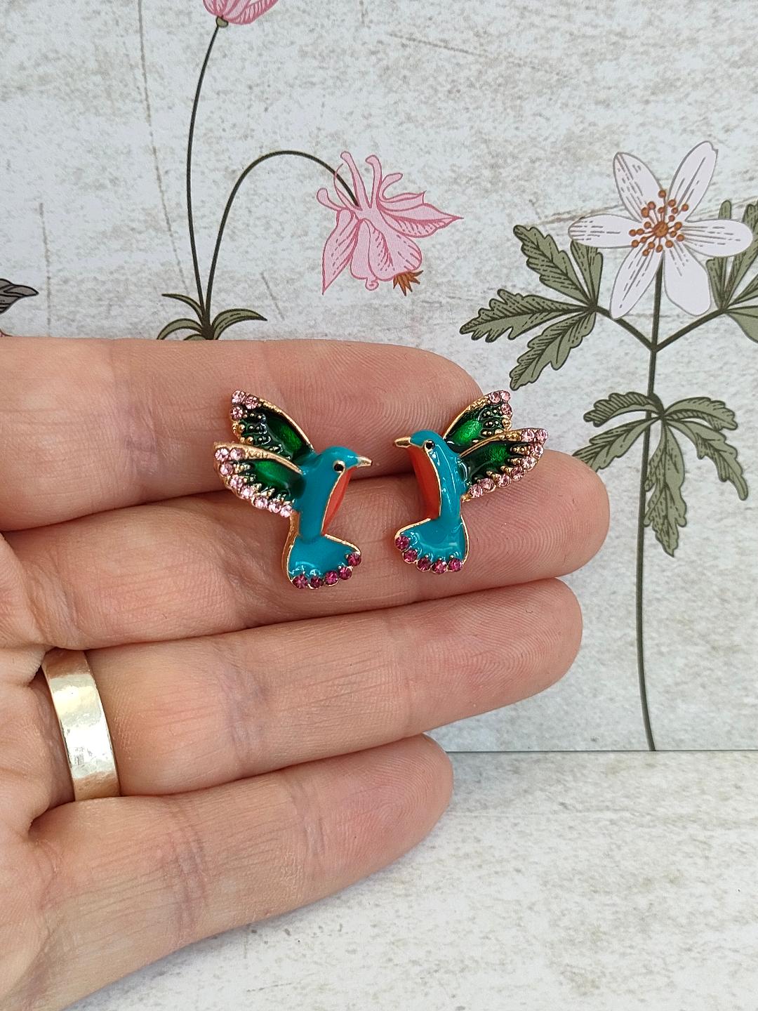 Enamel Humming Bird Earrings, Bird lover jewellery, Cute Bird with Rhinestone Studs for her