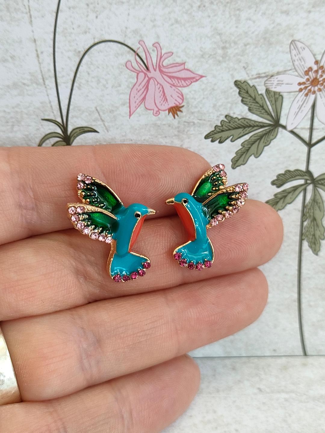 Enamel Humming Bird Earrings, Bird lover jewellery, Cute Bird with Rhinestone Studs for her