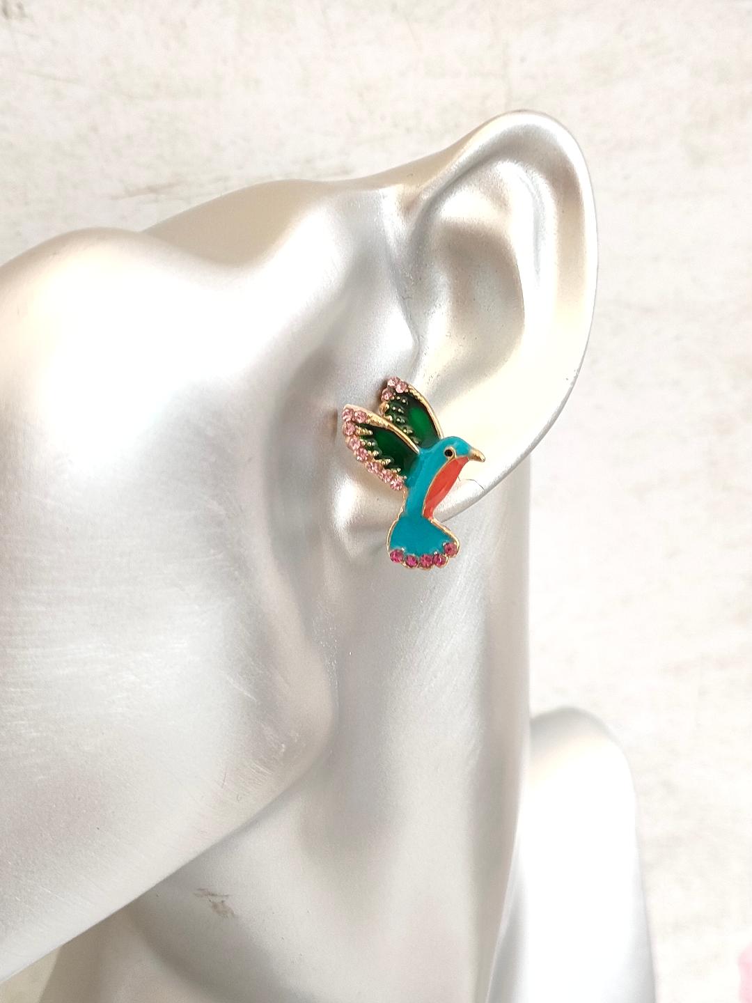 Enamel Humming Bird Earrings, Bird lover jewellery, Cute Bird with Rhinestone Studs for her