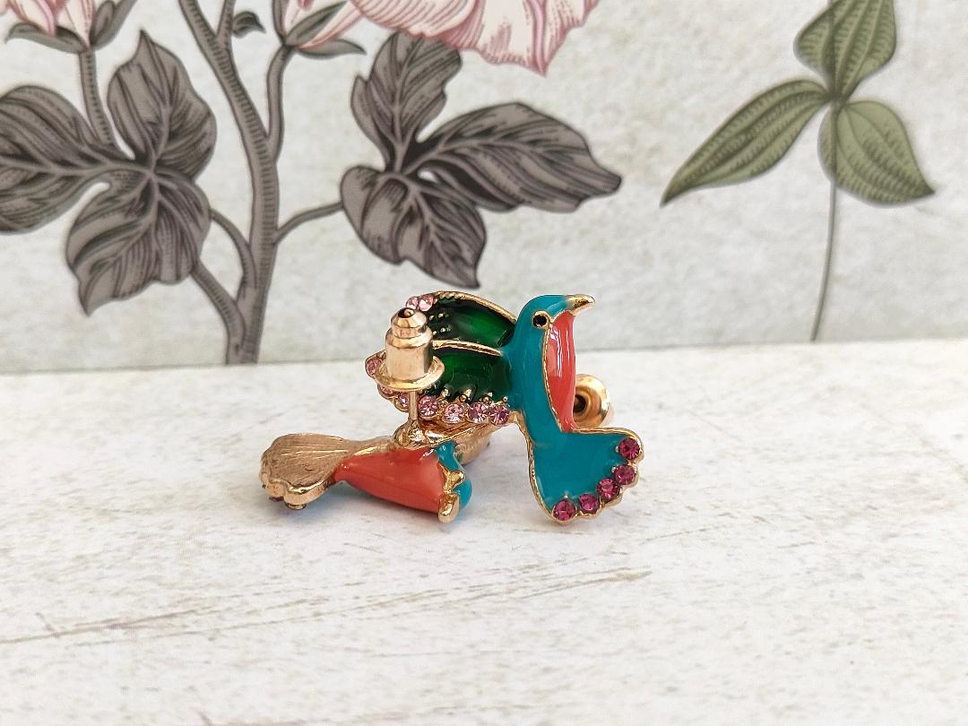 Enamel Humming Bird Earrings, Bird lover jewellery, Cute Bird with Rhinestone Studs for her