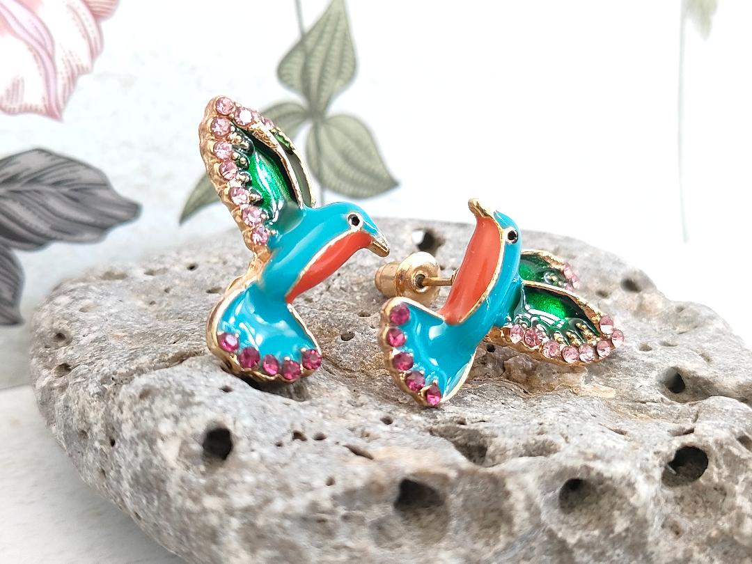 Enamel Humming Bird Earrings, Bird lover jewellery, Cute Bird with Rhinestone Studs for her