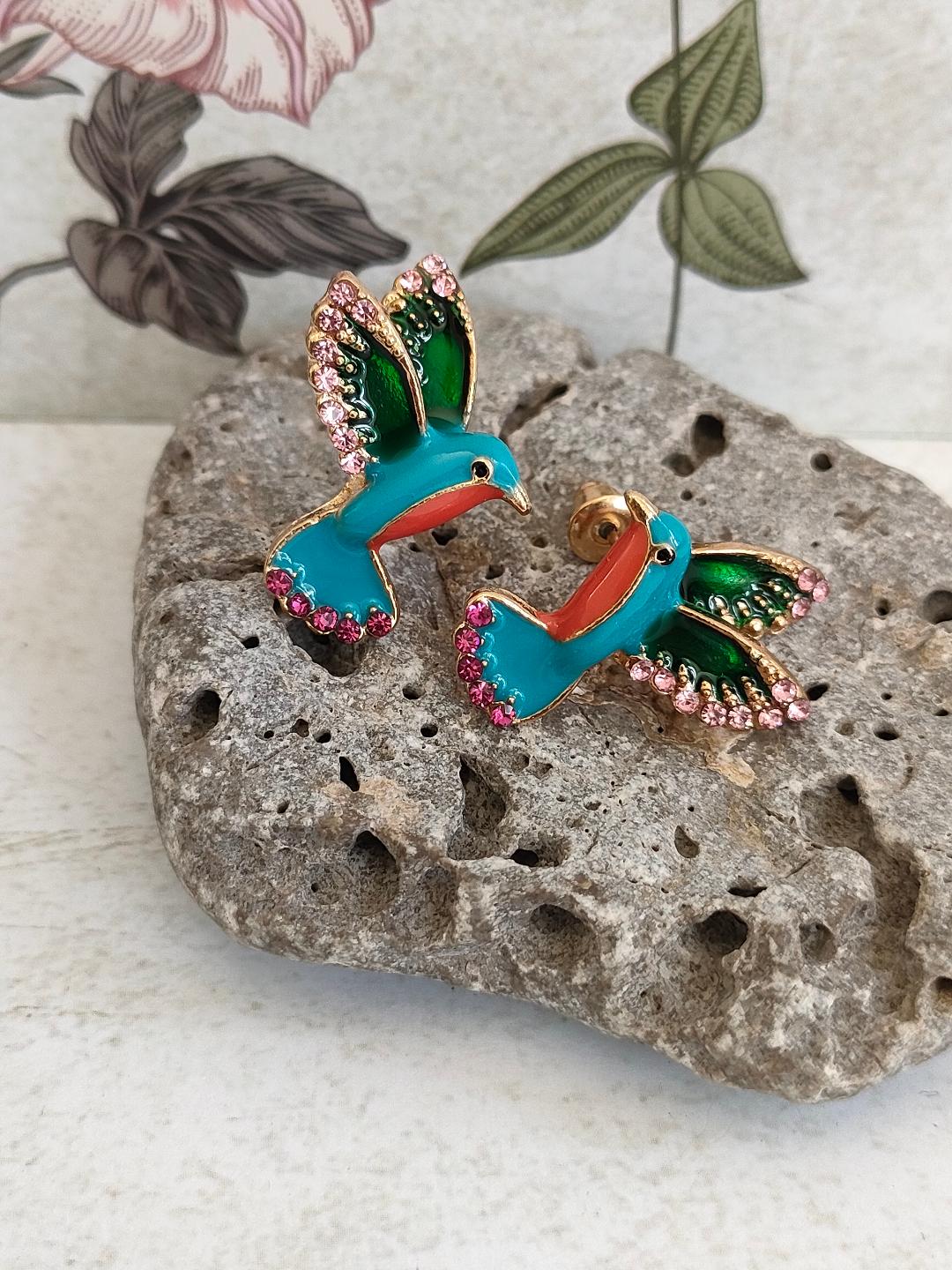 Enamel Humming Bird Earrings, Bird lover jewellery, Cute Bird with Rhinestone Studs for her
