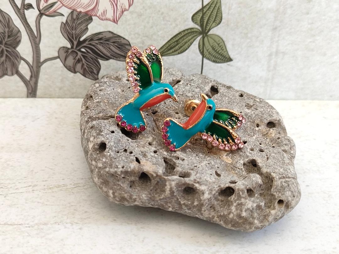 Enamel Humming Bird Earrings, Bird lover jewellery, Cute Bird with Rhinestone Studs for her