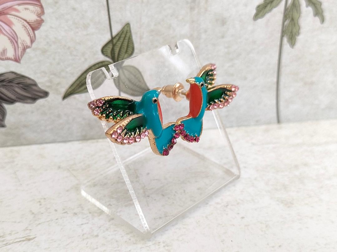 Enamel Humming Bird Earrings, Bird lover jewellery, Cute Bird with Rhinestone Studs for her