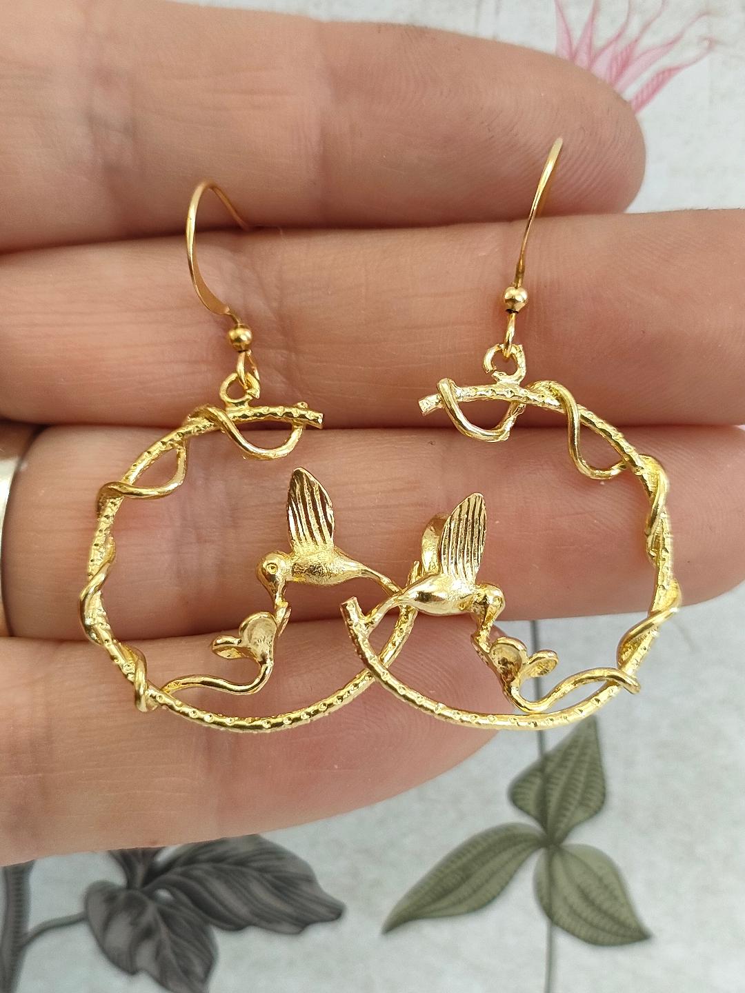 Hummingbird Hoops on Hooks, Golden Hummingbird Statement Earrings, Bird lover Earrings