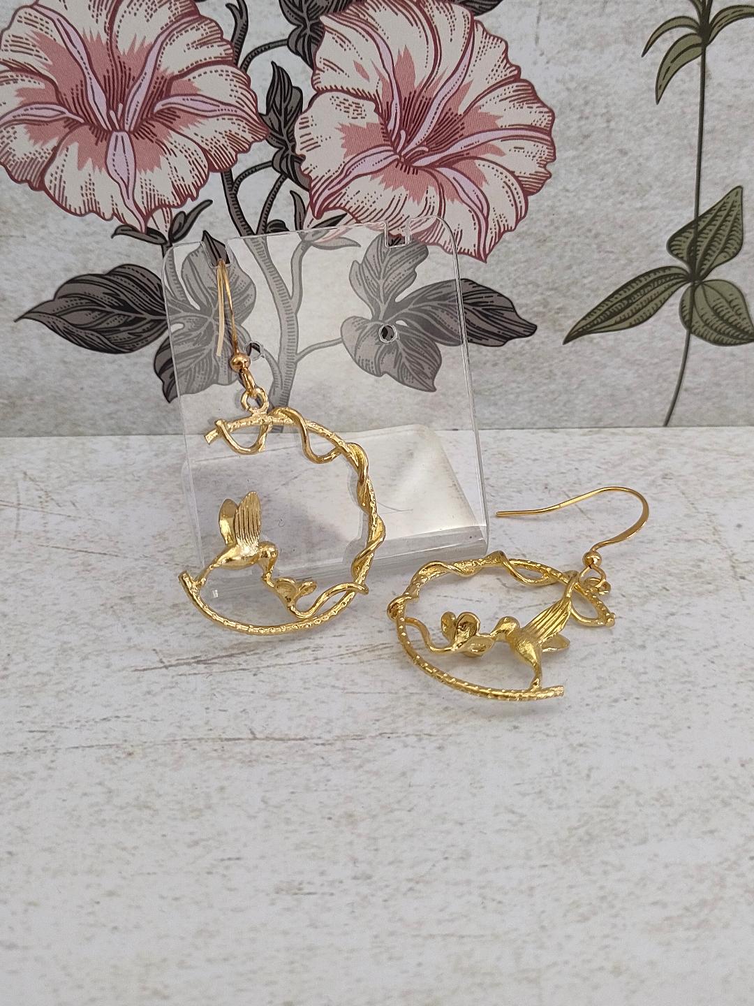 Hummingbird Hoops on Hooks, Golden Hummingbird Statement Earrings, Bird lover Earrings